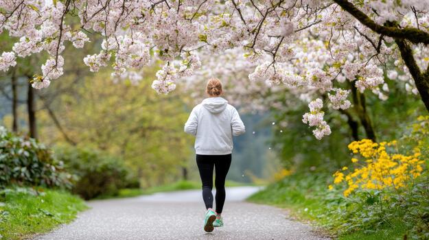 A woman is running down a path under a tree with flowers photo