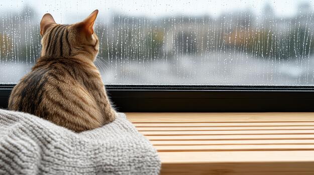 A cat sitting on a window sill looking out at the rain photo