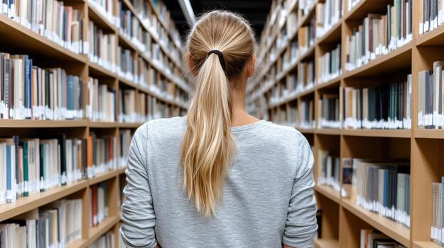Back view of a young woman with ponytail in library photo