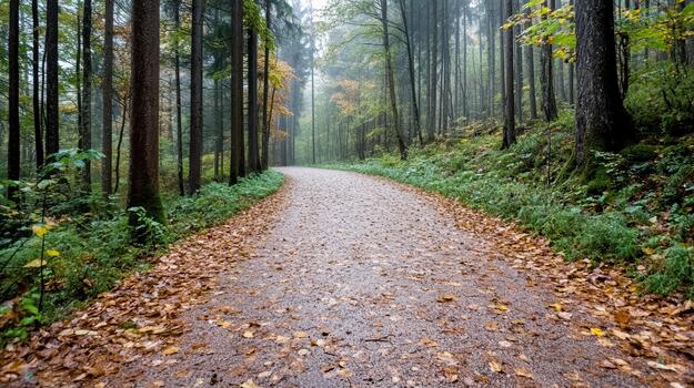 A path in the forest with leaves on it photo