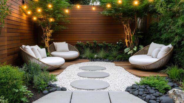 A small garden with white furniture and string lights photo