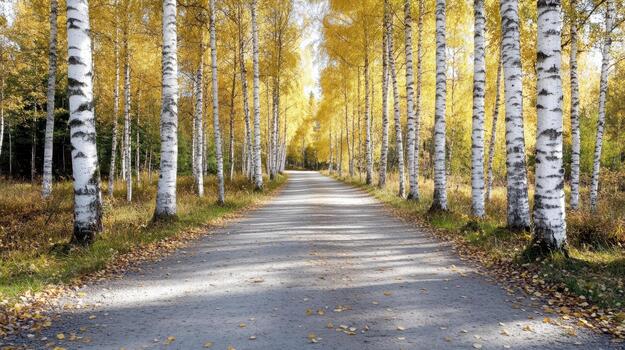 A road lined with birch trees in the fall photo