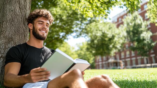 A man is sitting on the grass and reading a book photo