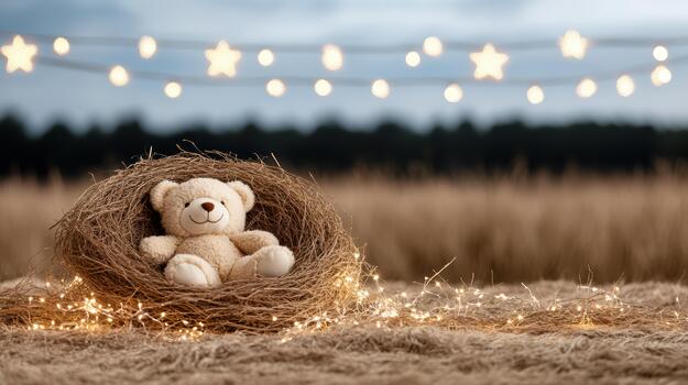 A teddy bear is sitting in a nest with string lights photo