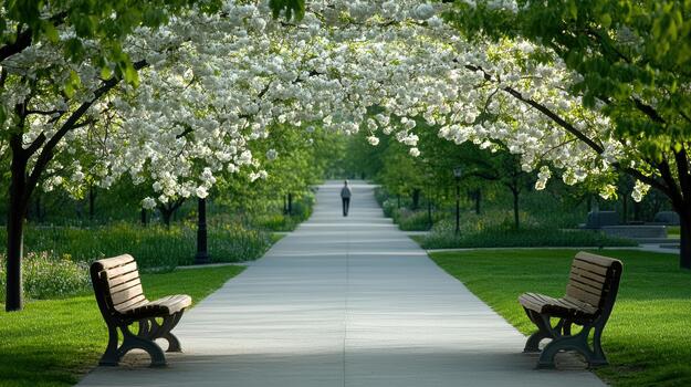 A bench is under a tree with white blossoms photo