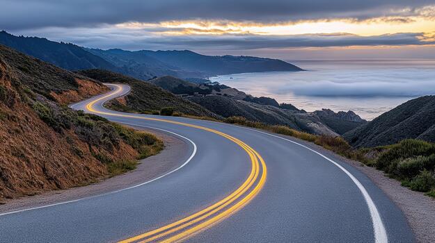 A winding road with yellow lines on it photo
