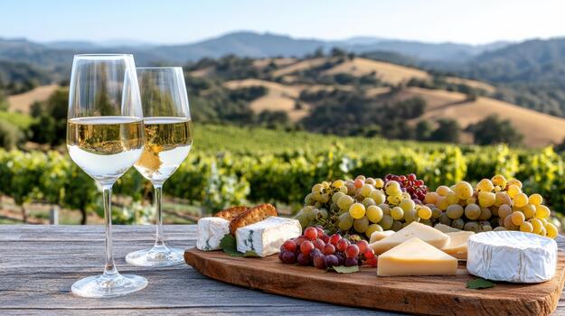 Two glasses of wine and cheese on a table with grapes and grapes photo
