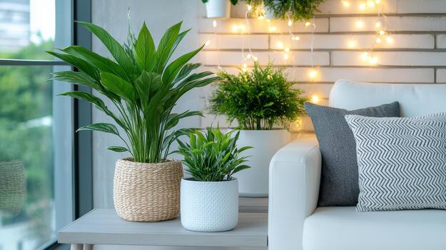 Three potted plants on a table in front of a window photo