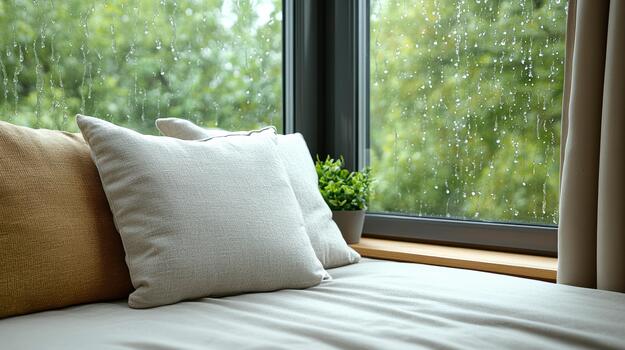 A bed with pillows and a window with rain on it photo