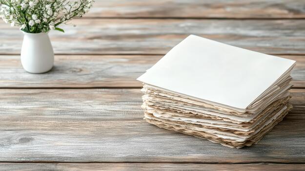 apilar de blanco papel en de madera mesa con flores foto