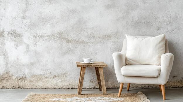A white chair and a table in front of a wall photo