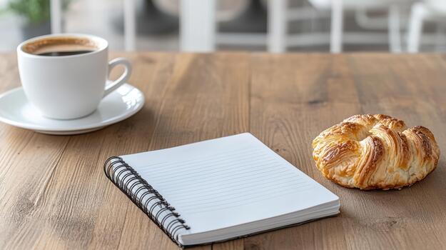 Notebook and croissant on wooden table photo