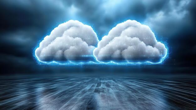 Cloud computing concept with two clouds on a dark background photo