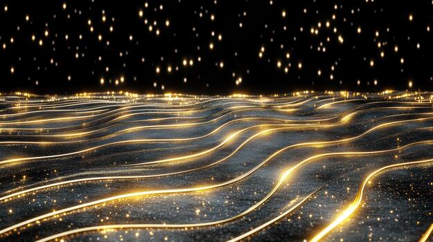 Golden waves on a black surface with rain falling photo