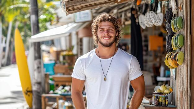 un hombre en pie en frente de un tienda foto
