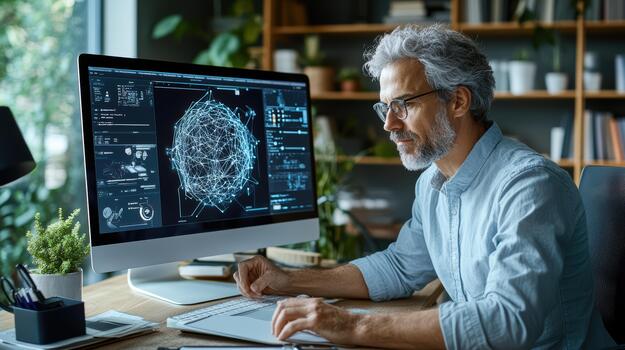 A man sitting at a desk with a computer screen showing a network diagram photo