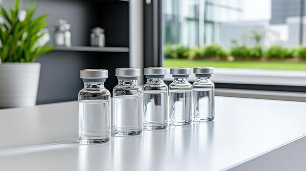Four empty glass vials on a table photo