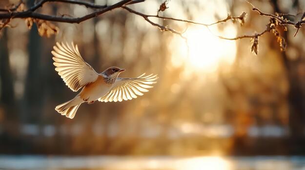 A bird flying over a tree branch at sunset photo