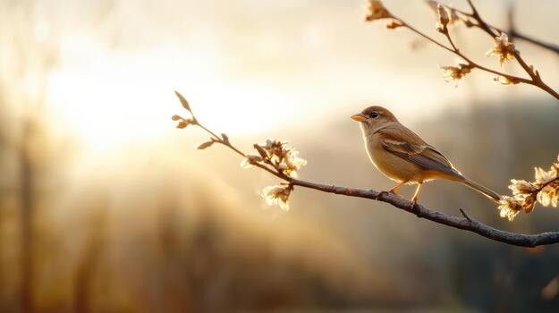 A bird sits on a branch in front of the sun photo
