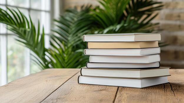 Stack of books on wooden table with window in background photo