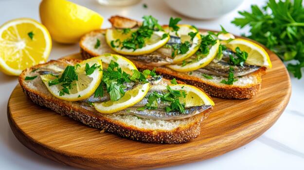 Two slices of bread with sardines and lemon slices photo