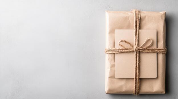 Gift wrapped in brown paper with a book on a gray background photo