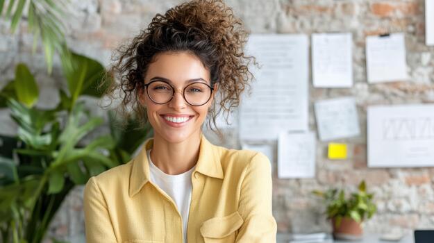 A smiling woman in glasses standing in front of a desk photo