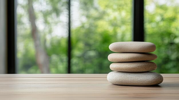 A stack of stones on a wooden table in front of a window photo