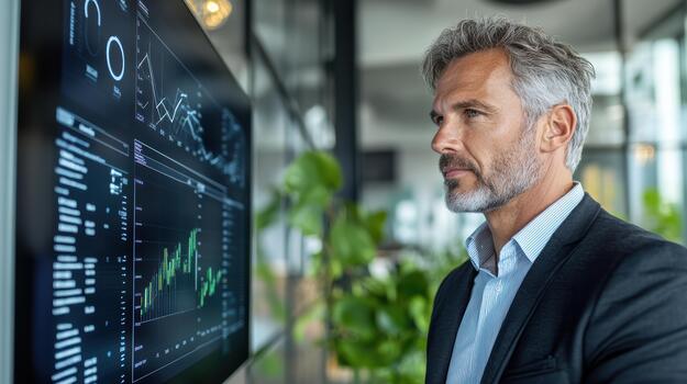 A man in a suit looking at a screen with graphs photo