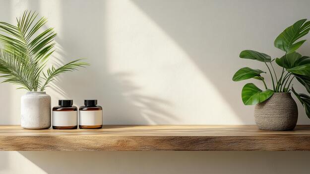 Three bottles of essential oils and a plant on a wooden shelf photo