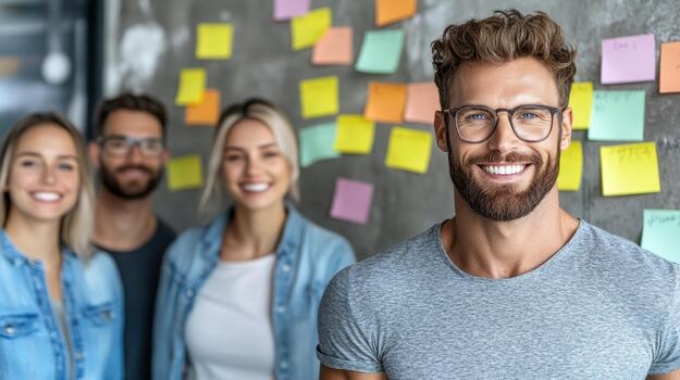 A group of people standing in front of a wall with post it notes on it photo
