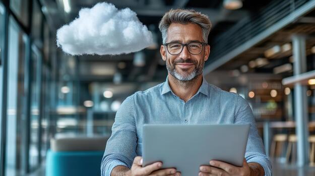 A man with glasses and a laptop is looking at a cloud photo