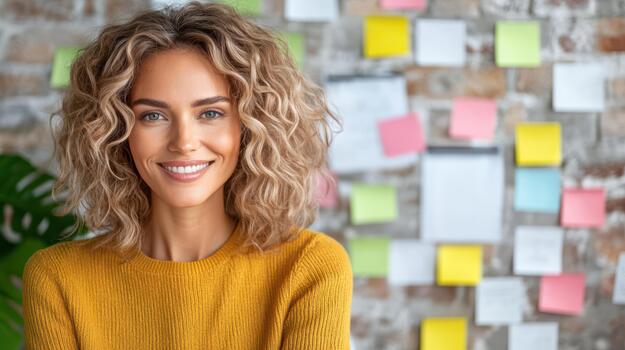 A smiling woman with curly hair standing in front of a wall with post it notes photo