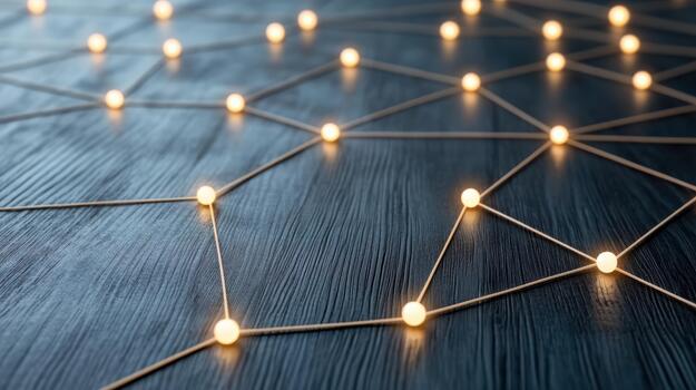 A network of lights on a wooden table photo
