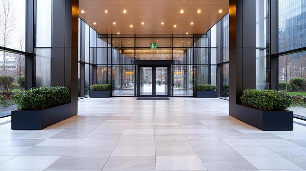 A large lobby with a large glass door photo