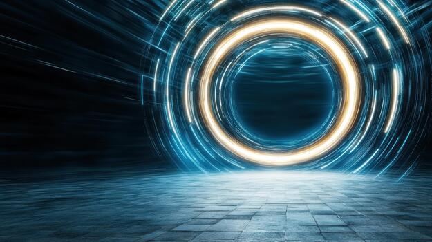 A blue light is shining through a circular tunnel photo