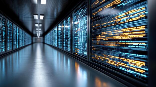 Data center in the dark with rows of data photo