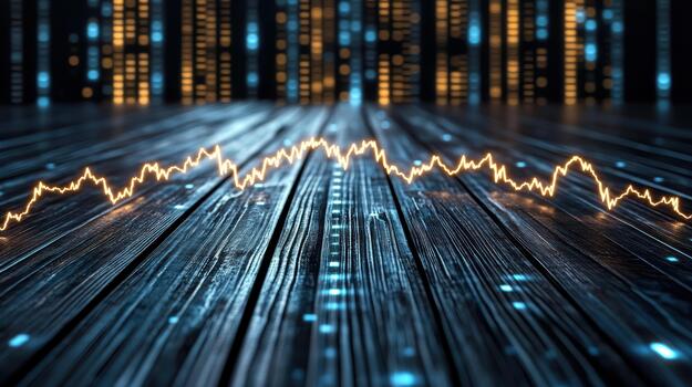 A graph line on a wooden table with a digital background photo