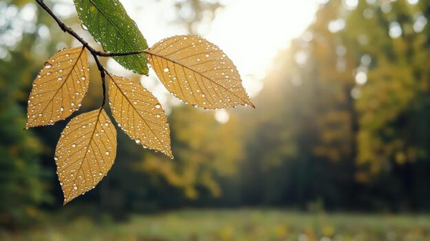 Autumn leaves with dew drops on the tree branch photo