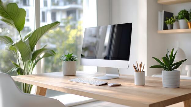 A desk with a computer, a chair and a plant photo