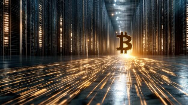 Bitcoin in a data center with light shining on it photo