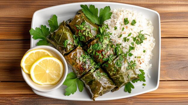 A plate with rice, meat and lemon slices photo