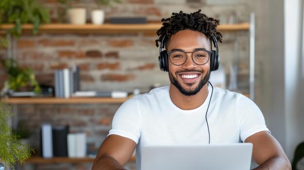 A smiling man with headphones on sits at a desk with a laptop photo
