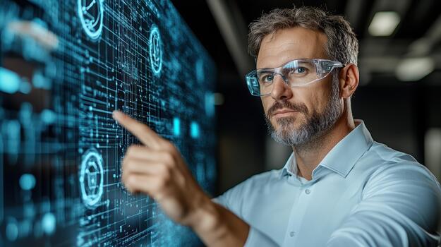A man in glasses pointing at a screen with a digital interface photo