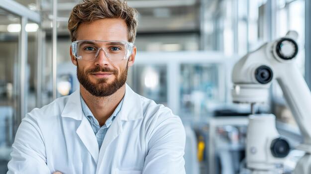 un hombre en un laboratorio Saco y lentes en pie en frente de un robot foto