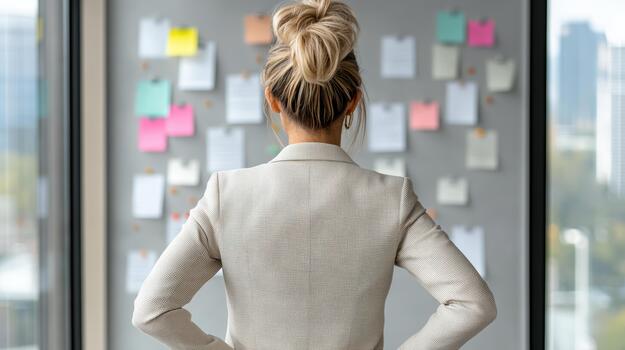 A woman in a business suit standing in front of a window with sticky notes on it photo
