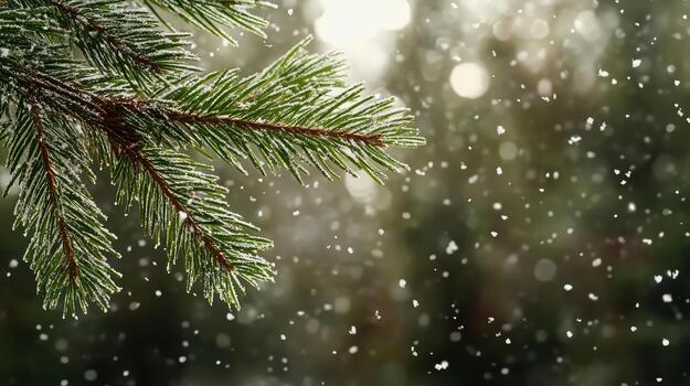 A pine tree branch with snow falling on it photo