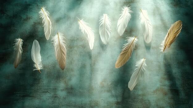 Feathers on a wall with sunlight shining through photo