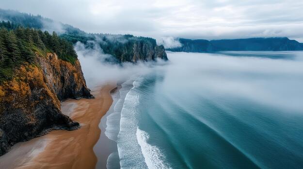A beach with fog and trees on the shore photo