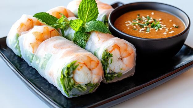 Shrimp spring rolls with dipping sauce photo